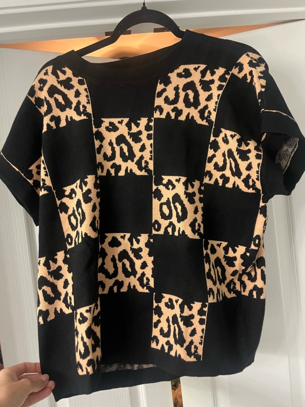 Black and Tan Leopard Check Knit Top